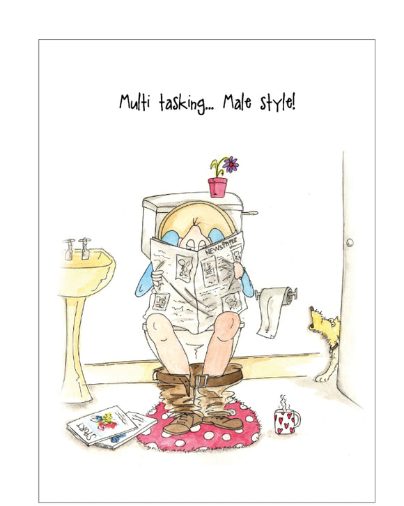 This quirky card features a man sitting on the toilet, catching up on his reading! The caption on the front of the card reads 