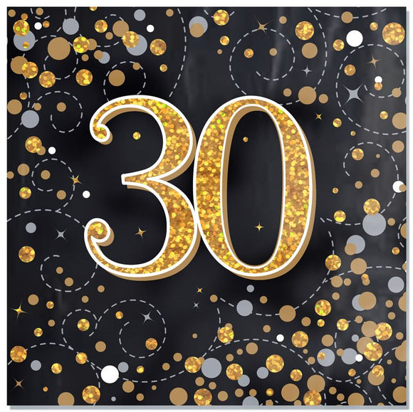 Perfect for celebrating a 30th birthday in stylet his pack of 16 paper napkins features a vibrant color palette of gold, silver, and black. Each disposable serviette is printed with a large gold and white '30' surrounded by polka dots and swirls.