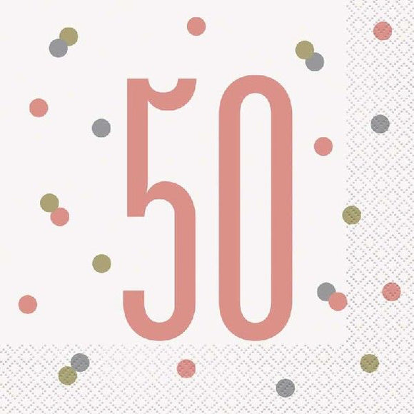 This pack of 16 paper napkins is the perfect finishing touch for a 50th birthday party. Each disposable serviette features a large rose-gold '50' with accompanying confetti dots in green, silver, and rose-gold.