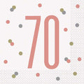 This pack of 16 paper napkins is the perfect finishing touch for a 70th birthday party. Each disposable serviette features a large rose-gold '70' with accompanying confetti dots in green, silver, and rose-gold.