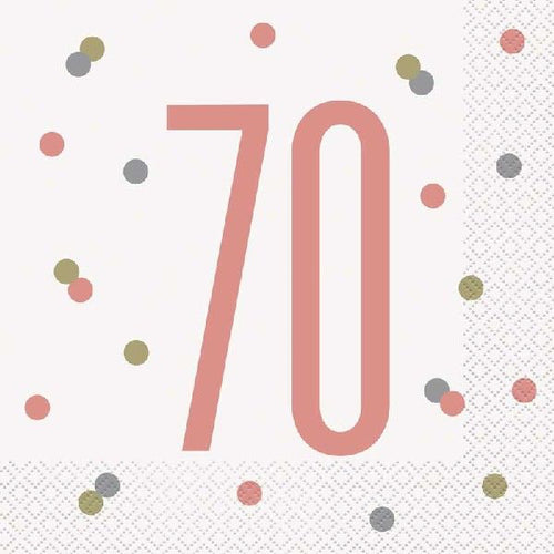This pack of 16 paper napkins is the perfect finishing touch for a 70th birthday party. Each disposable serviette features a large rose-gold '70' with accompanying confetti dots in green, silver, and rose-gold.