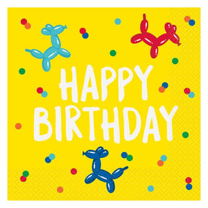 Great fun disposable paper napkins for a birthday party. Each bright yellow napkin is decorated with white text that reads 'Happy Birthday', surrounded by confetti and primary coloured balloon dogs.