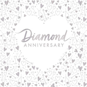 This pack of 16 paper napkins is the perfect finishing touch for 60th wedding anniversary party. Silver metallic text on each napkin reads "Diamond Anniversary" and is surrounded by a deep border of celebratory trimmings - bottles, glasses, hearts and cupid arrows.