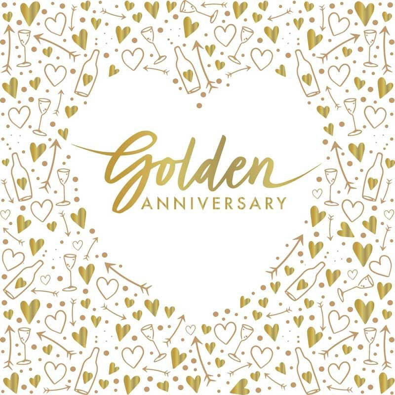 This pack of 16 paper napkins is the perfect finishing touch for 50th wedding anniversary party. Gold metallic text on each napkin reads "Golden Anniversary" and is surrounded by a deep border of celebratory trimmings - bottles, glasses, hearts and cupid arrows.
