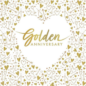 This pack of 16 paper napkins is the perfect finishing touch for 50th wedding anniversary party. Gold metallic text on each napkin reads "Golden Anniversary" and is surrounded by a deep border of celebratory trimmings - bottles, glasses, hearts and cupid arrows.