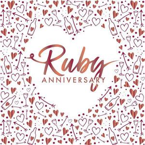 This pack of 16 paper napkins is the perfect finishing touch for 40th wedding anniversary party. Gold metallic text on each napkin reads "Ruby Anniversary" and is surrounded by a deep border of shiny red celebratory trimmings - bottles, glasses, hearts and cupid arrows.