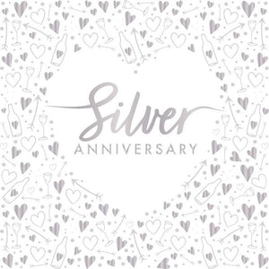 This pack of 16 paper napkins is the perfect finishing touch for 25th wedding anniversary party. Silver metallic text on each napkin reads "Silver Anniversary" and is surrounded by a deep border of shiny silver celebratory trimmings - bottles, glasses, hearts and cupid arrows.