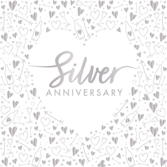 This pack of 16 paper napkins is the perfect finishing touch for 25th wedding anniversary party. Silver metallic text on each napkin reads 