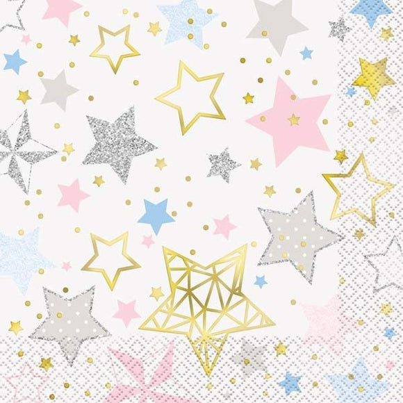 Perfect for baby showers, gender reveals, birthdays, or any party, this pack of 16 paper napkins are covered in gold, silver, pink and blue stars.