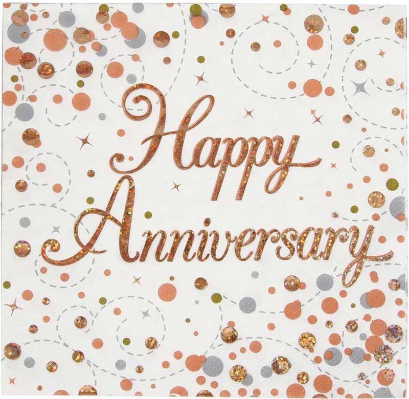 This pack of 16 paper napkins is the perfect finishing touch for any wedding anniversary party. Rose gold metallic text on each napkin reads "Happy Anniversary" against a background of rose gold and grey circles.