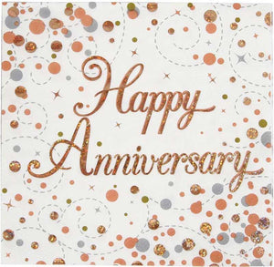  This pack of 16 paper napkins is the perfect finishing touch for any wedding anniversary party. Rose gold metallic text on each napkin reads "Happy Anniversary" against a background of rose gold and grey circles.