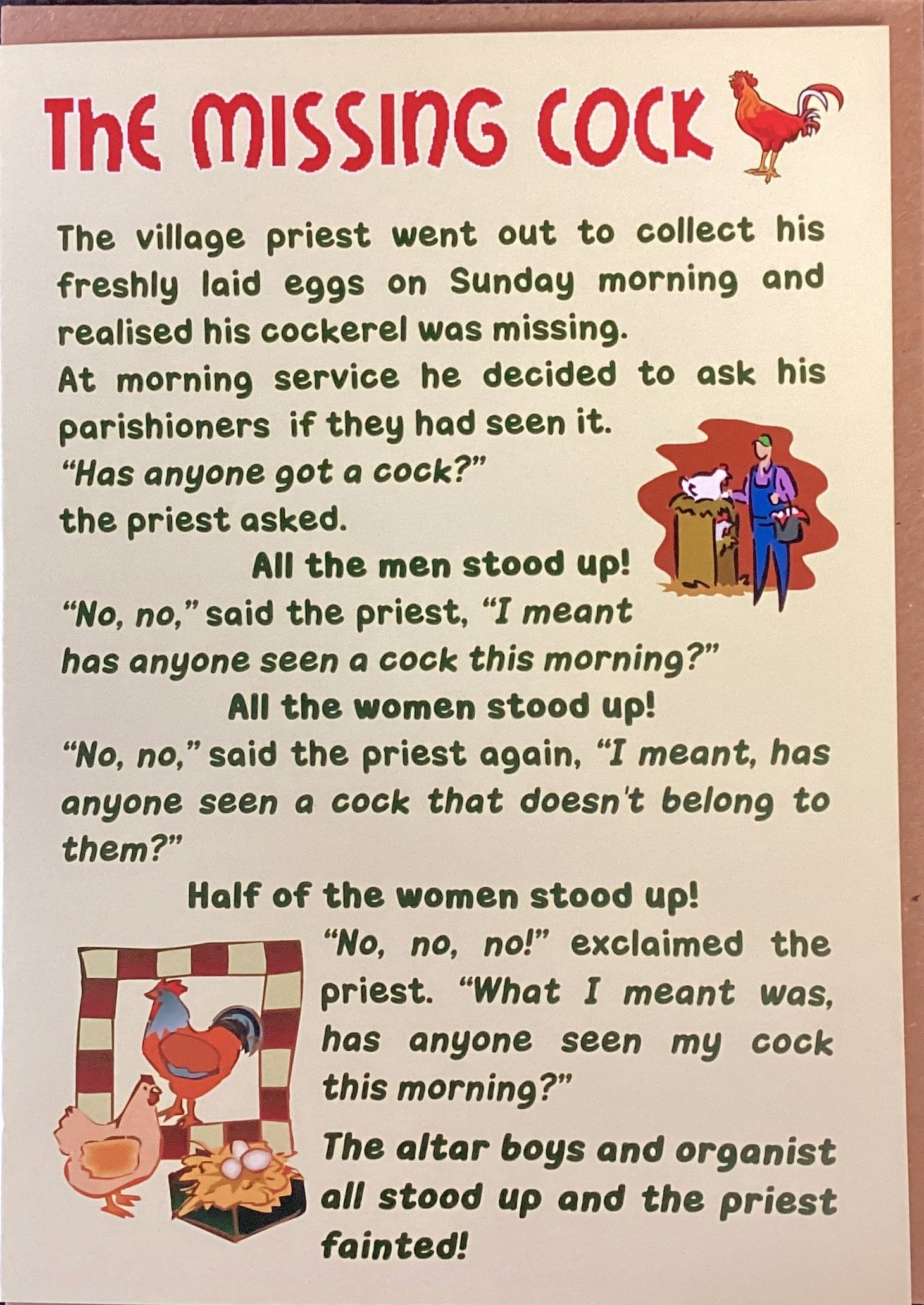 The missing Cock….. Cowshed birthday card