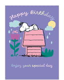 Make someone’s birthday extra special with this charming Peanuts birthday card. This delightful card features Snoopy lying happily on his pink iconic kennel roof, peacefully admiring a flower. The soft lilac background and elegant silver text that reads&nbsp;“Happy Birthday Enjoy Your Special Day” add a sweet, thoughtful touch.