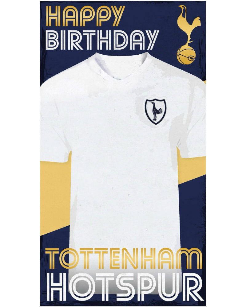 A great birthday card for any Tottenham Hotspur fan, showing a white football shirt with the football teams crest. The caption on the front of the card reads "Happy Birthday...Tottenham Hotspur". In the top corner of the card is the iconic spurs emblem in gold showing a cockerel perched on top of a football.
