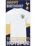 A great birthday card for any Tottenham Hotspur fan, showing a white football shirt with the football teams crest. The caption on the front of the card reads "Happy Birthday...Tottenham Hotspur". In the top corner of the card is the iconic spurs emblem in gold showing a cockerel perched on top of a football.