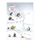 This funny Christmas card features an Eric the Penguin illustration showing a group of penguins playing golf in the snow.