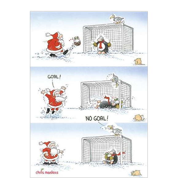 This funny Christmas card features an Eric the Penguin illustration showing a festive football match. Father Christmas kicks a christmas pudding towards the goal, but Eric catches it just as Santa cries 