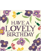 A birthday greetings card by Emma Bridgewaterwith a floral pattern and the text 'HAVE A LOVELY BIRTHDAY' in purple, yellow, and red colors.