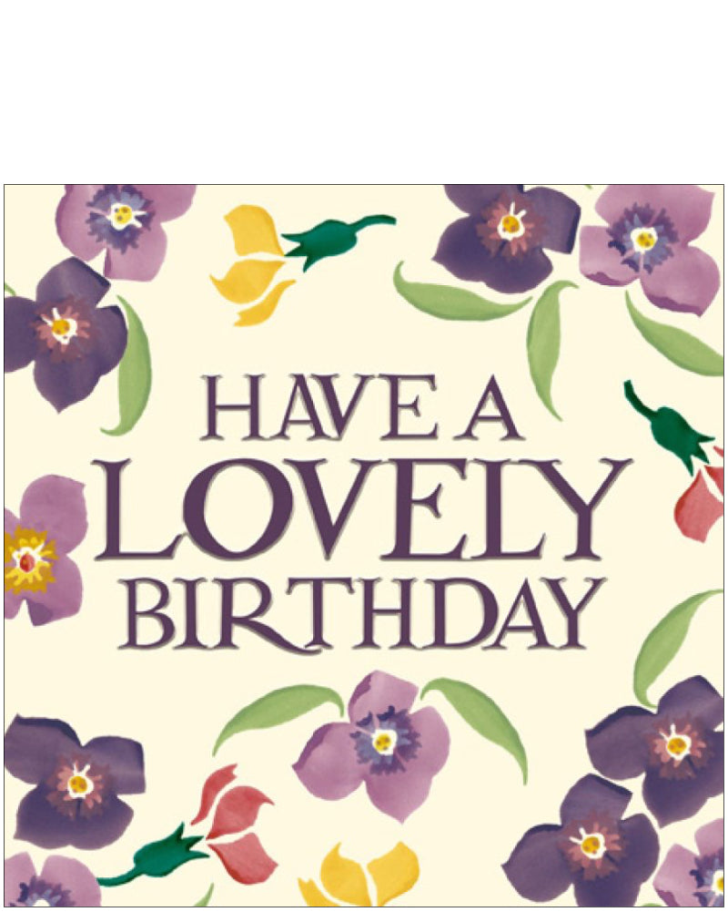 A birthday greetings card by Emma Bridgewaterwith a floral pattern and the text 'HAVE A LOVELY BIRTHDAY' in purple, yellow, and red colors.