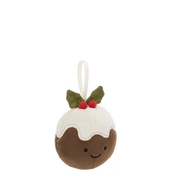 A dapper hanging Christmas decoration, Jellycat's podgy pudding is wearing the finest icing hat, topped with bobbly red berries and  green holly leaves for added Christmas flair. Unbelievably soft and splendidly round with scrumptious fruitcake fur!