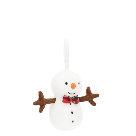 A dapper hanging Christmas decoration, Jellycat's festive folly snowman is marshmallow soft in a blinding white fur. He sports a tartan bow-tie, stitched coal buttons and a carrot nose. Complete with snowy ribbon for hanging on a tree.