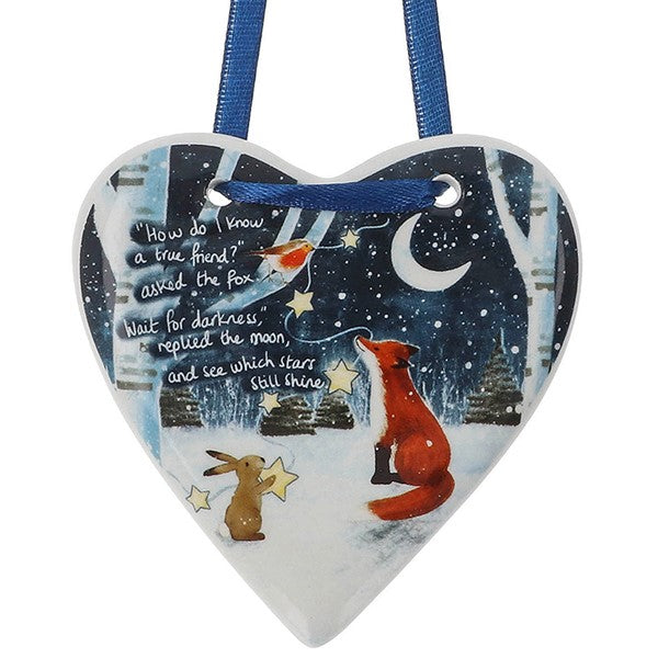 Beautiful hanging ceramic heart covered with artwork by Stacey McNeill from the Fox under the moon range