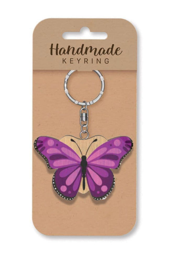Purple butterfly wooden keyring