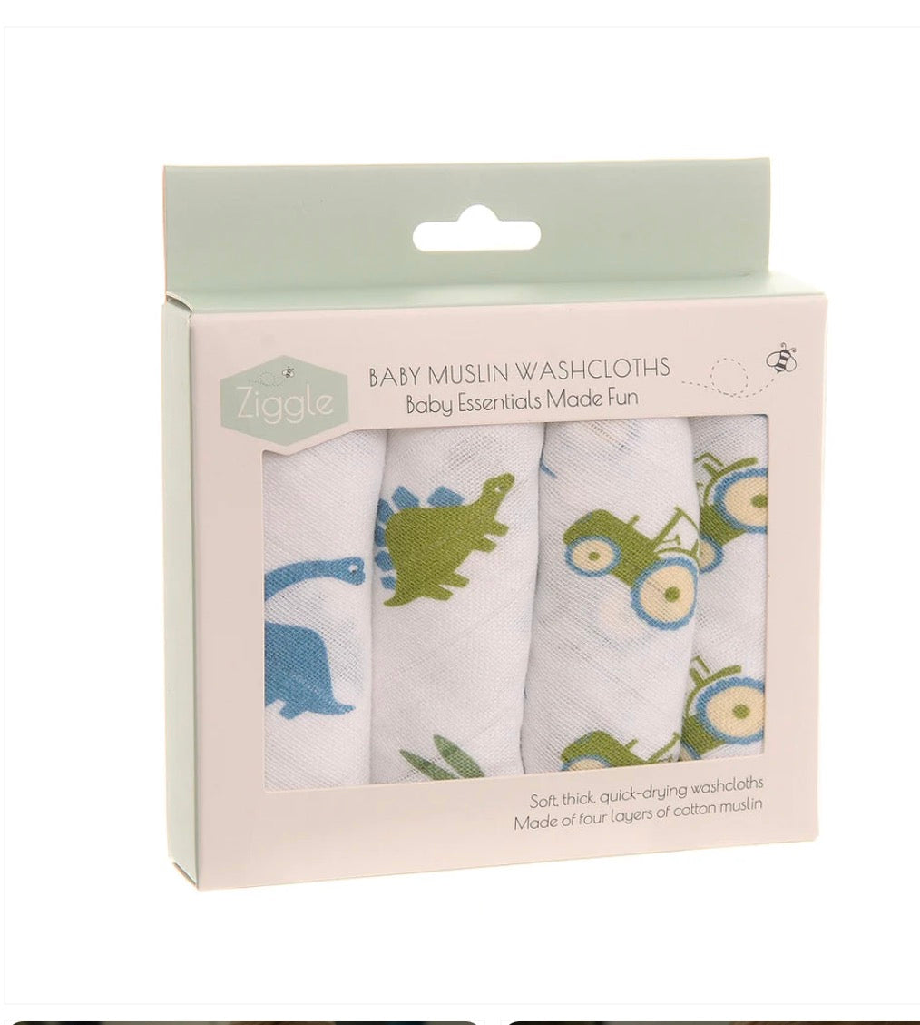 Tractors & dinosaurs - muslin washcloths pk of 4