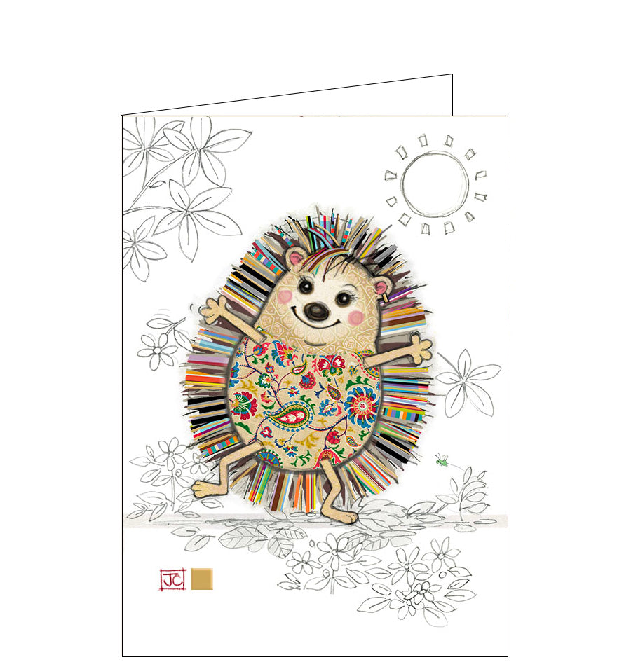 Beautiful, quirky and dramatic. This blank card designed by Bug Art founder Jane Crowther features a patchwork hedgehog, with colourful prickles, who appears to be dancing.