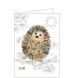 Beautiful, quirky and dramatic. This blank card designed by Bug Art founder Jane Crowther features a patchwork hedgehog, with colourful prickles, who appears to be dancing.