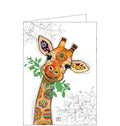 Beautiful, quirky and dramatic. This blank card designed by Bug Art founder Jane Crowther features a patchwork patchwork giraffe, with her head tilted to the side, chewing on a branch of green leaves.