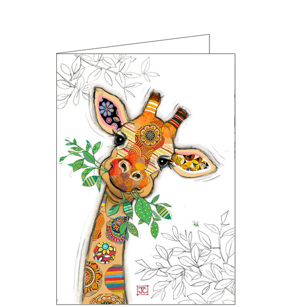 Beautiful, quirky and dramatic. This blank card designed by Bug Art founder Jane Crowther features a patchwork patchwork giraffe, with her head tilted to the side, chewing on a branch of green leaves.