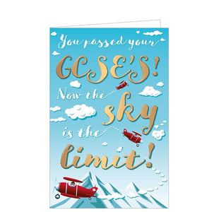 A modern congratulations card with a vintage red airplanes flying through a  blue sky. White and gold text on the front of this congratulations card reads "You passed your GSCEs! Now the sky is the limit!" 