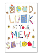 Send your best wishes with this vibrant&nbsp;Good Luck card for starting a new school. Perfect for children moving to a new school or beginning secondary school, this card captures the excitement of a fresh start.&nbsp;The design on the greeting card features bold, colourful text reading "Good Luck at Your New School", cleverly created from illustrations of essential school items—from pencils and rulers to books and backpacks—set against a clean white background for maximum impact.