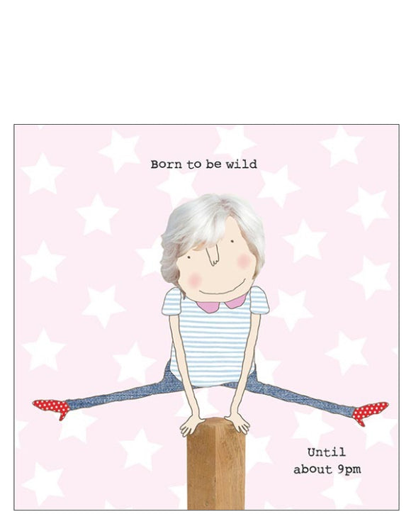 This birthday card features one of Rosie Made a Thing's unmistakably witty and charming illustrations of showing a woman leaping frogging over a post. The text on the front of the card reads 