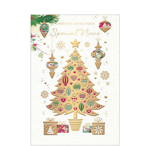 This Christmas card for a special niece is decorated with a stylised golden christmas tree, hung with red and green baubles. The caption on the front of the card reads "Christmas Wishes for a Special Niece".