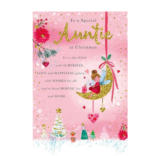 This lovely Christmas card for a special auntie is decorated with a pink and gold toned scene of a fairy sitting on a crescent-moon, high above a snowy field of Christmas trees. The text on the front of the card reads 