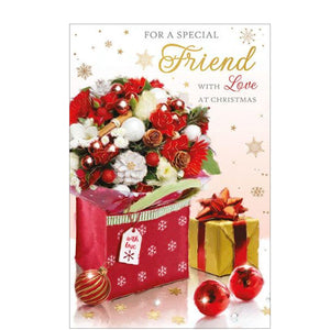 This Christmas card features a stunning Christmas bouquet of flowers in a gift bag, perfect for sending to a special friend. The caption on the front of this card reads "For a Special Friend with Love at Christmas".