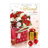 This Christmas card features a stunning Christmas bouquet of flowers in a gift bag, perfect for sending to a special friend. The caption on the front of this card reads "For a Special Friend with Love at Christmas".