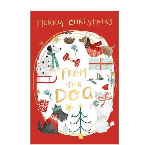 This lovely Christmas card from the dog is decorated with illustrations of cute little doggies dressed ready for christmas - with some in woolly hats, scarves and jumpers, and others dressed to party. Gold text on the front of the card reads 