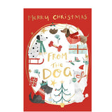 This lovely Christmas card from the dog is decorated with illustrations of cute little doggies dressed ready for christmas - with some in woolly hats, scarves and jumpers, and others dressed to party. Gold text on the front of the card reads "Merry Christmas from the Dog".