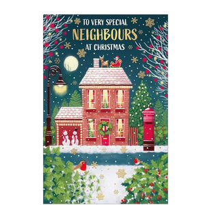 This Christmas card for special neighbors features a house all ready for Christmas with snowmen outside and Santa on the roof.&nbsp;