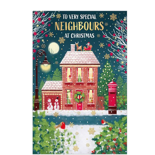 This Christmas card for special neighbors features a house all ready for Christmas with snowmen outside and Santa on the roof. 