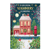 This Christmas card for special neighbors features a house all ready for Christmas with snowmen outside and Santa on the roof.&nbsp;