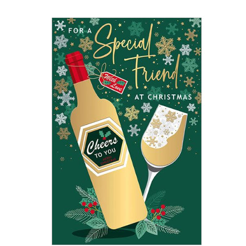 This Christmas card for a special friend is decorated with a golden wine bottle  - with a label that reads 