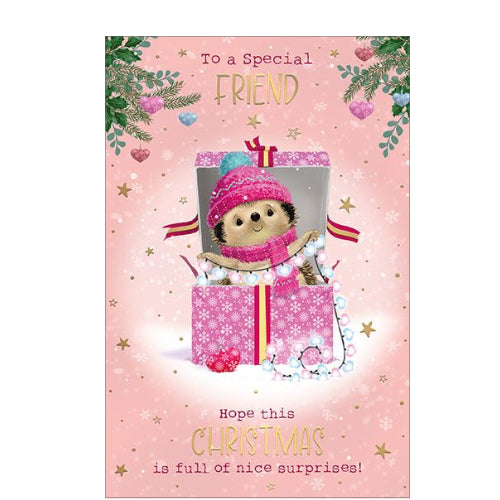 This adorable Christmas card for a very special friend is decorated with an illustration of a cute hedgehog - dressed in a pink bobble hat and scarf - bursting out of a Christmas gift box.

The caption on the front of this Christmas card reads 