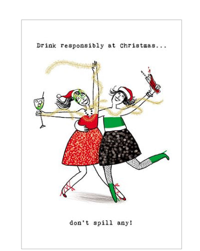 Bring some festive laughter to the season with this funny Christmas card for friends! The design features a playful cartoon of two women in party dresses and Santa hats, wrapped in a string of gold tinsel like a boa, dancing and holding drinks as they celebrate in true holiday style.

The humorous caption on the front reads 