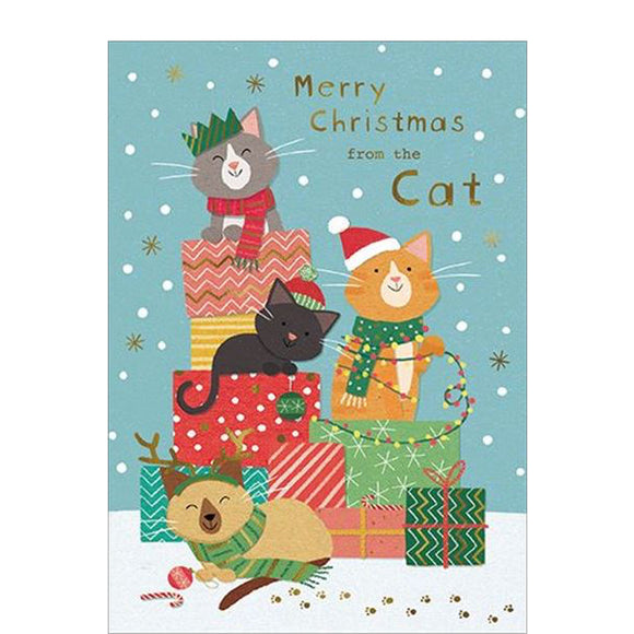 This cute christmas card from the cat is decorated with four smiling, festive cats playing among a stack of Christmas gifts. Gold text on the front of the card reads 