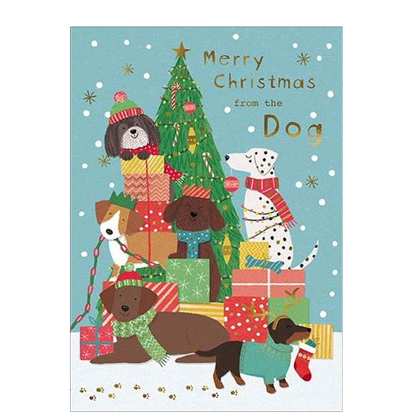 This cute christmas card from the dog is decorated with a pack of happy, festive dogs playing among a stack of Christmas gifts. Gold text on the front of the card reads 