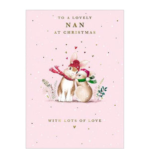 This adorable Christmas card for a very special nan is decorated with an illustration of two little bunnies rabbits cuddled together, dressed in knitted hats and scarves. Gold text on the front of this Christmas card reads "To a lovely Nan at Christmas, with lots of love".